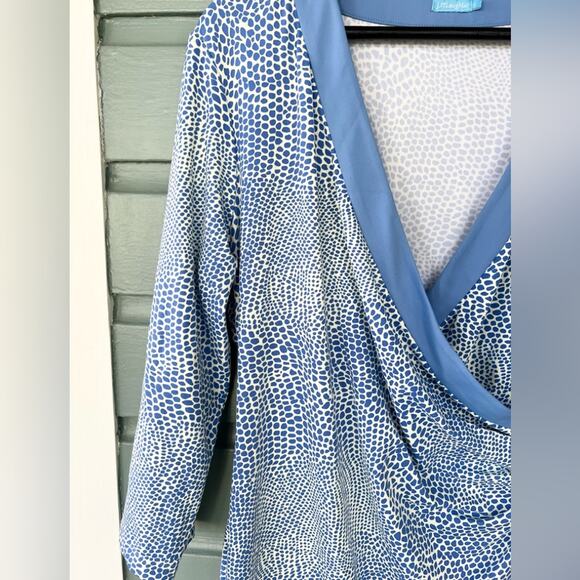 J. McLaughlin Catalina Cloth Blythe Dress faux wrap blue cream long sleeve large - Picture 2 of 7